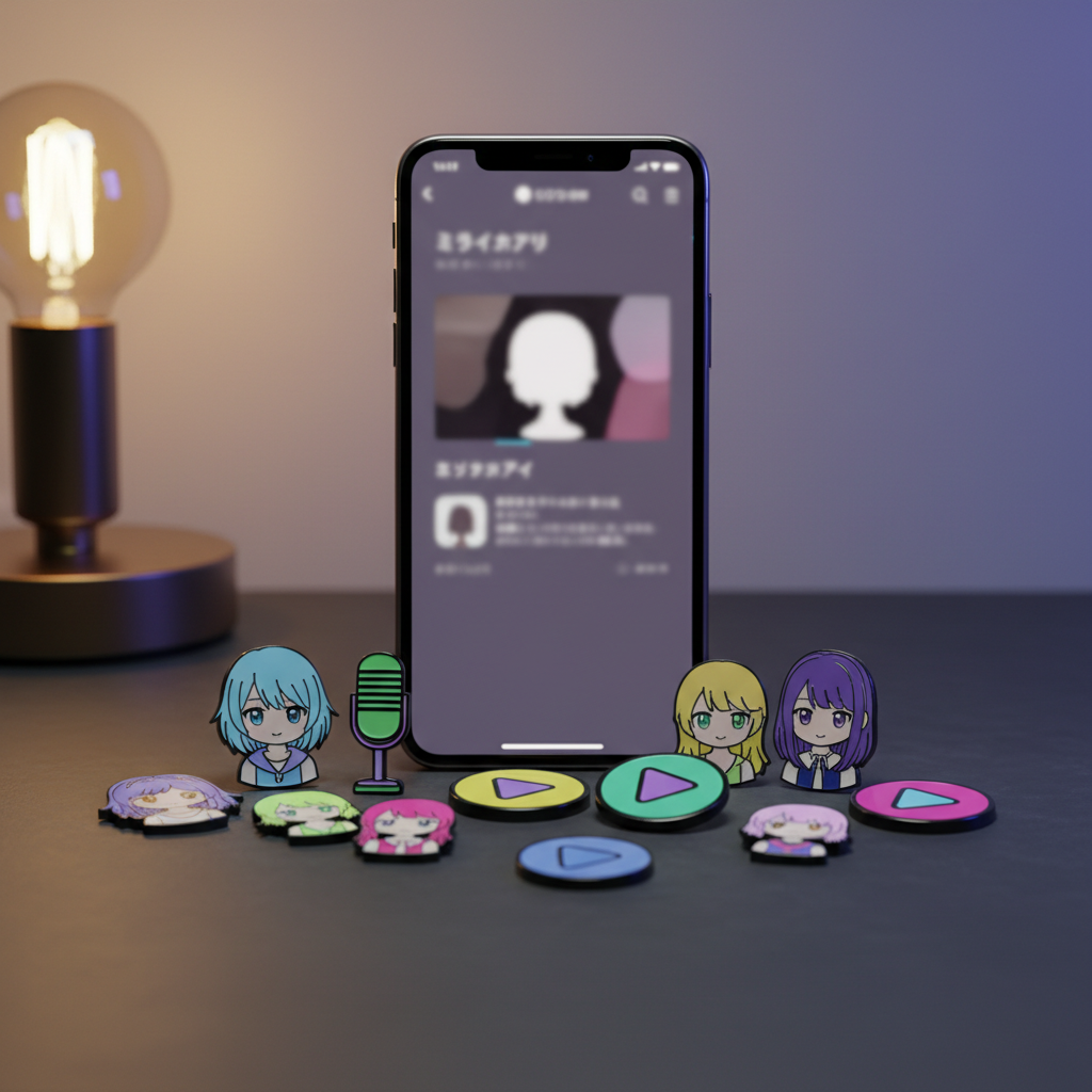 A large, vertical smartphone resting on a dark, matte-finished desk, displaying a blurred VTuber streaming app home screen with a highlighted channel page for an anonymized character named in Japanese text. Around the phone, scattered but orderly, are colorful enamel pins shaped like generic avatar silhouettes, microphones, and play buttons, suggesting VTuber fandom without showing real characters. A subtle RGB purple-blue gradient light washes over the scene from the right, while a single warm desk lamp from the left creates contrasting highlights and shadows. Photographic realism with a shallow depth of field keeps the phone and a few pins sharp while the rest falls into soft bokeh, evoking a tech-savvy, enthusiastic atmosphere suited to a VTuber profile blog.
