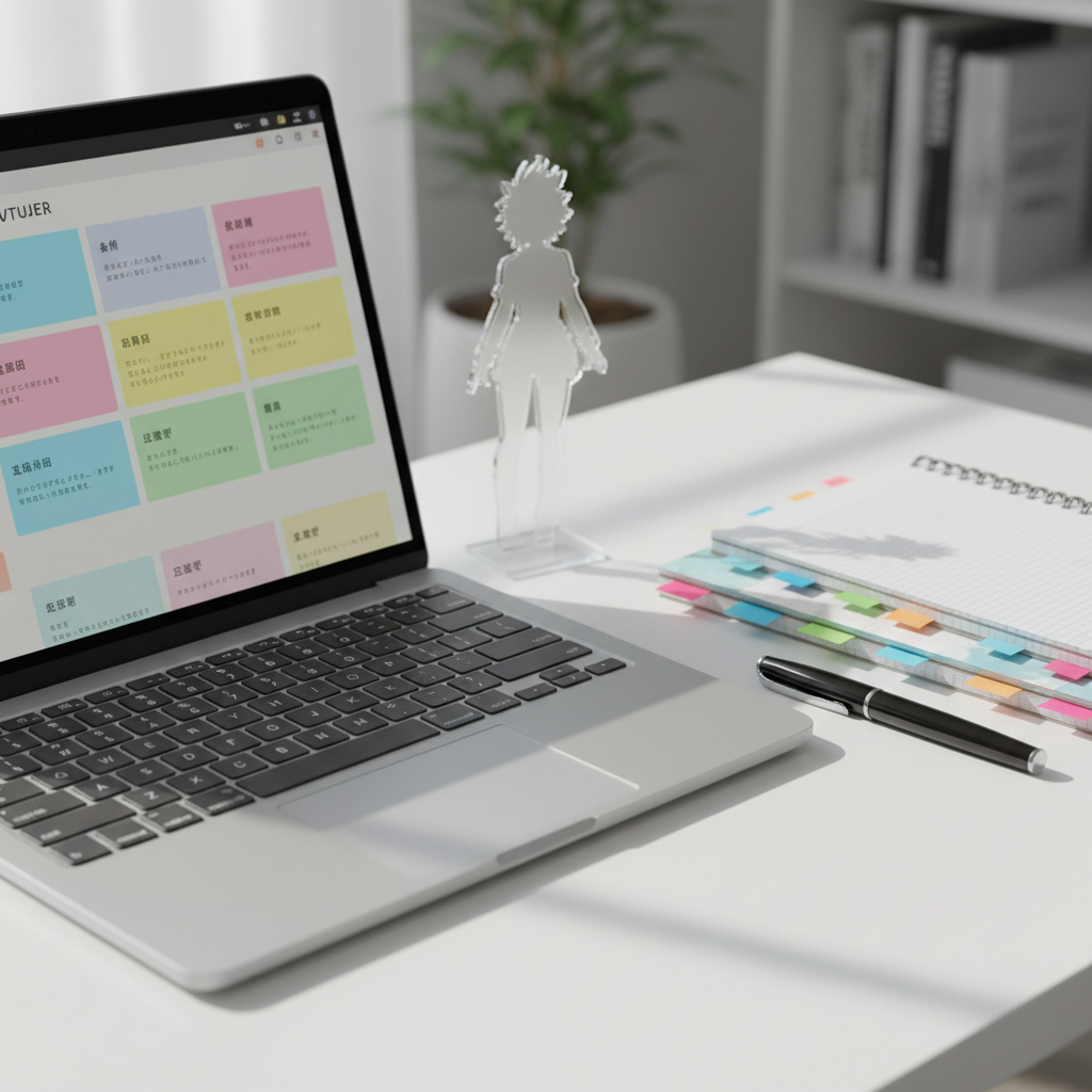 A close-up, photographic image of an open laptop on a tidy white desk, displaying a blurred VTuber profile summary page with colorful sections labeled for name, birthday, age, and blood type in Japanese characters. Beside the laptop lies a neatly stacked notebook with colored sticky tabs and a pen aligned perfectly, emphasizing detailed research. A small acrylic stand of a generic anime-style avatar silhouette, without recognizable identity, sits near the screen as a symbolic VTuber figure. Soft daylight pours in from the left, casting gentle shadows and a calm, organized atmosphere. Captured from a slightly elevated angle with the laptop keyboard in crisp focus and the background subtly blurred, the composition feels modern, professional, and information-driven.