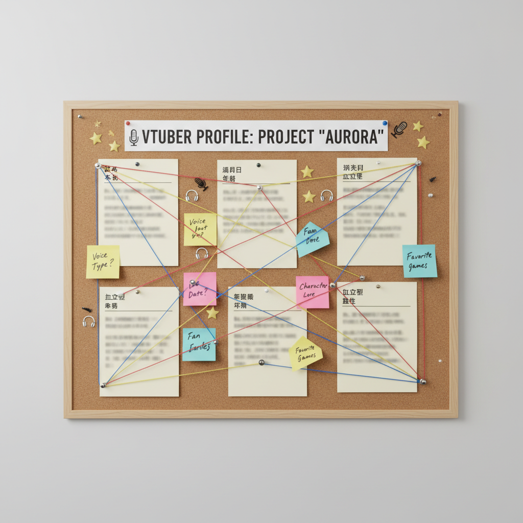 A corkboard on a clean studio wall, photographed straight on, meticulously arranged with printed sheets and sticky notes about a fictional VTuber’s profile. Each page shows blurred blocks of text with visible headings for “本名”, “誕生日”, “年齢”, and “血液型”, implying deep research. Colored string connects various notes like an organized investigation, and small icons of microphones, headsets, and star shapes are pinned as visual cues. Soft, even studio lighting eliminates harsh shadows, emphasizing clarity and professionalism. The composition is centered with sharp focus across the entire frame, giving a documentary, investigative feel, ideal for representing a site that thoroughly explains every aspect of a VTuber’s identity and background.