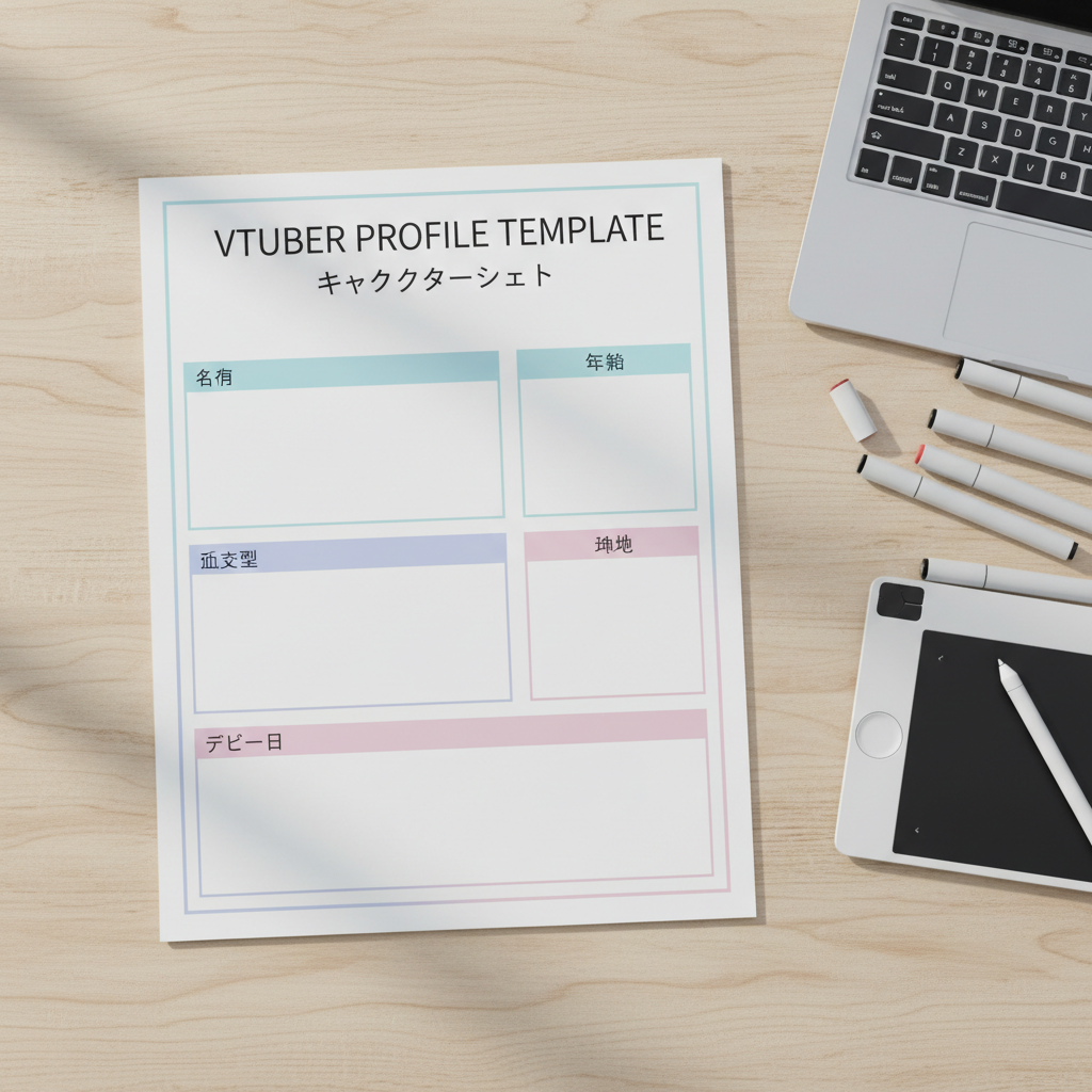 A glossy, photographic illustration board laid on a light wood table, featuring a clean, stylized character sheet template for a VTuber, completely blank of any identifying art. The sheet is divided into labeled sections in Japanese for name, birthday, age, blood type, hobbies, and debut date, with neat geometric borders in pastel blues and pinks. Nearby are art markers, a digital pen tablet, and a laptop with its screen just out of frame, suggesting the process of designing and documenting a VTuber. Overhead softbox lighting creates even illumination with faint, natural shadows, while the top-down camera angle ensures every detail of the sheet is visible. The mood is creative yet methodical, reflecting structured, professional profile explanations.