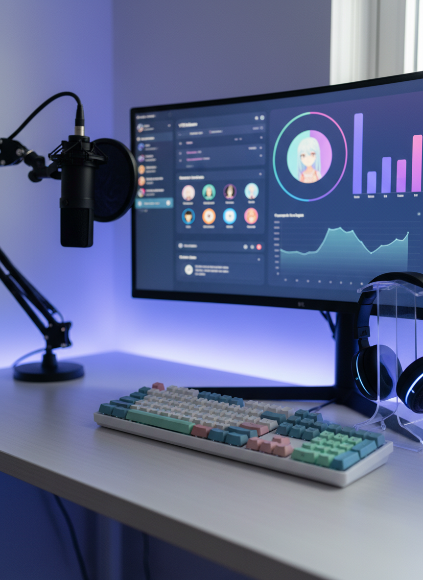 A sleek, stylized desktop setup themed around a VTuber profile analysis site, captured in photographic realism. A high-resolution monitor displays a blurred, colorful VTuber channel dashboard with charts, icons, and a large circular avatar frame, carefully defocused for privacy. Around the monitor, neatly arranged are a mechanical keyboard with pastel keycaps, a studio-quality microphone on a boom arm, and LED-lit headphones resting on a stand. The desk surface is clean white wood with subtle grain. Soft, cool-toned ambient light from an RGB strip behind the desk creates a cyber yet professional glow, accented by diffused daylight from an unseen window. Shot at eye level with shallow depth of field, the mood is focused and analytical, conveying a professional VTuber information hub.